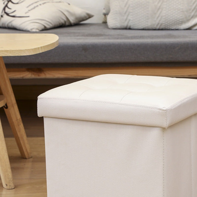White Leather Storage Ottoman - Elegant Folding Puffee and Footstool with Removable Lid | Springs Street