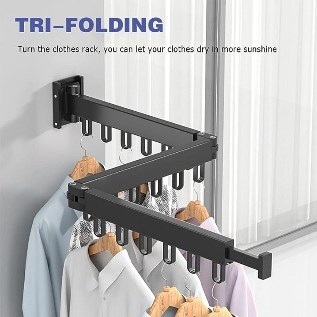 Clothes Drying Rack Wall Mounted Tri-Fold Clothes Drying Rack, Retractable & Collapsible Laundry Rack, Space-Saving Design for Balcony & Bathroom - Black | Spring Street