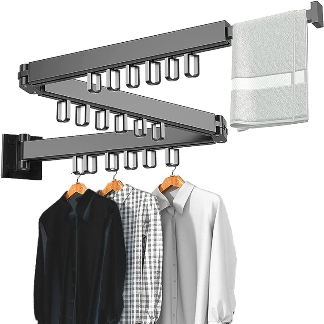 Clothes Drying Rack Wall Mounted Tri-Fold Clothes Drying Rack, Retractable & Collapsible Laundry Rack, Space-Saving Design for Balcony & Bathroom - Black | Spring Street