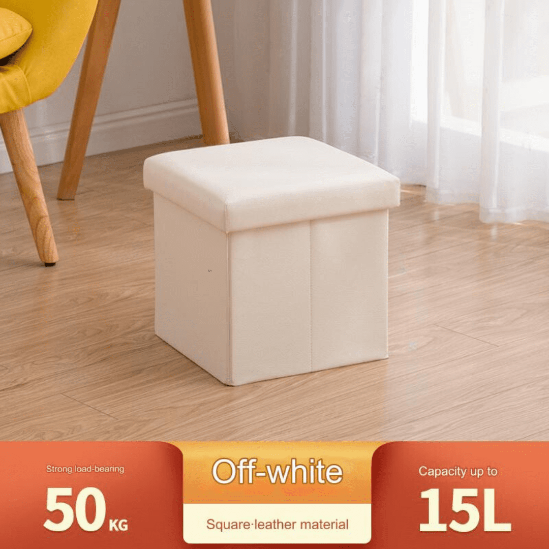 White Leather Storage Ottoman - Elegant Folding Puffee and Footstool with Removable Lid | Springs Street