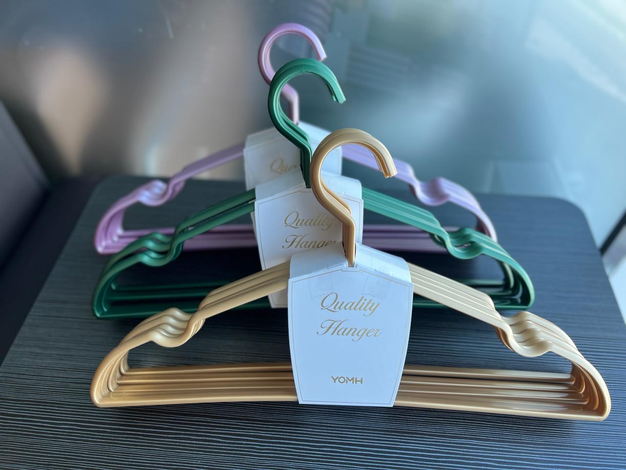Sleek Plastic Hangers in Gold, Rose, and Emerald - 5-Pack for Closet Efficiency